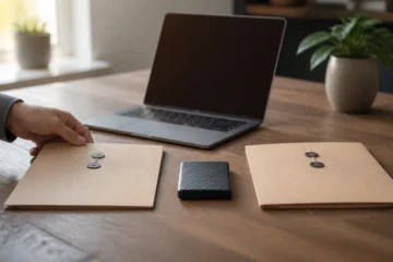 Filekub vs WeTransfer choice shown as two neutral file delivery paths on a desk