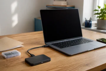 Laptop, external SSD, and phone arranged for preparing and testing a client file handoff
