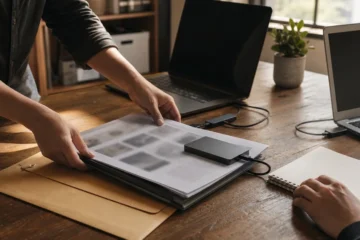 Project deliverables prepared for a client with an external drive, blurred manifest, and two laptops