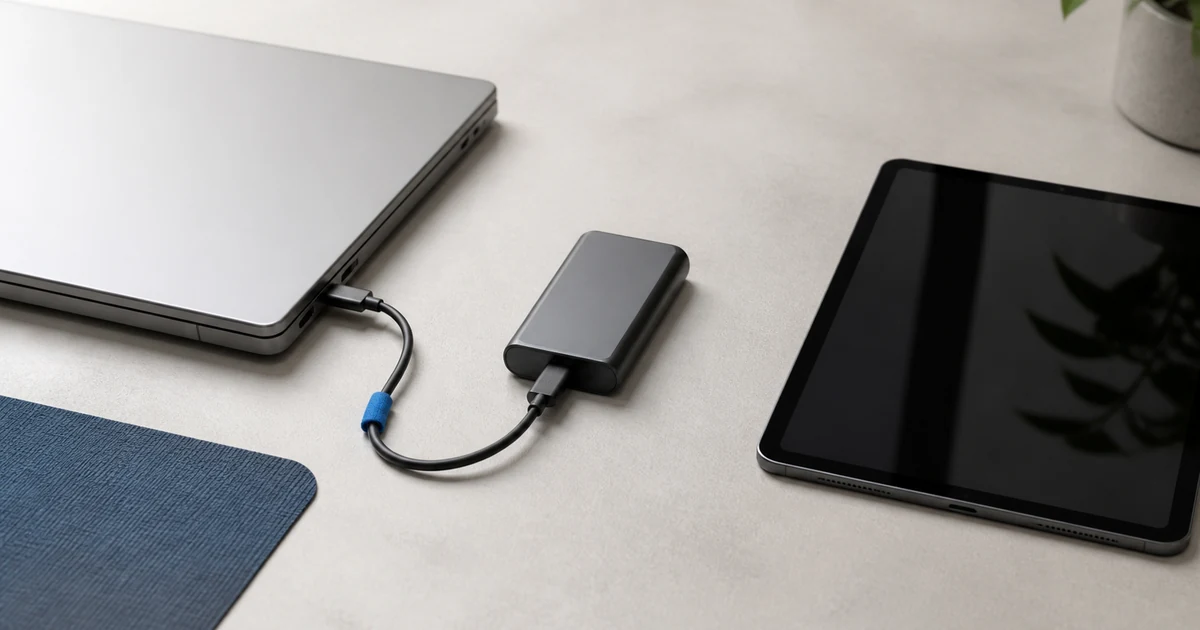Closed laptop, portable SSD, and tablet showing how to share files securely with a remote client