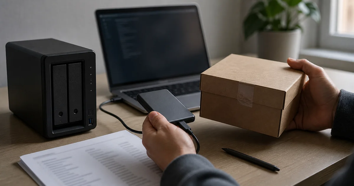 Project Deliverables: 10 Practical Client Closeout Checks 1 Project deliverables closeout station with an external drive, archive box, storage device, and blurred manifest