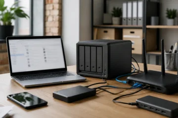 Files moving from devices into an organized cloud data core and remote business workspace