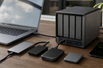Six different cloud storage plans visualized as distinct translucent storage vessels around one cloud vault