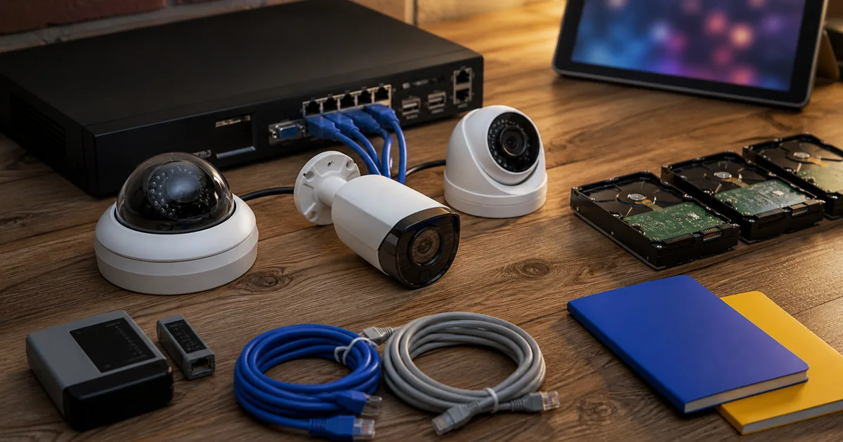 Unbranded cameras, recorder, hard drives, and network cables arranged as Hikvision calculator planning inputs