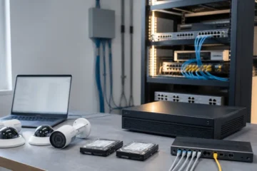 Unbranded camera, recorder, drives, and network switch arranged for a Hikvision calculator planning workflow