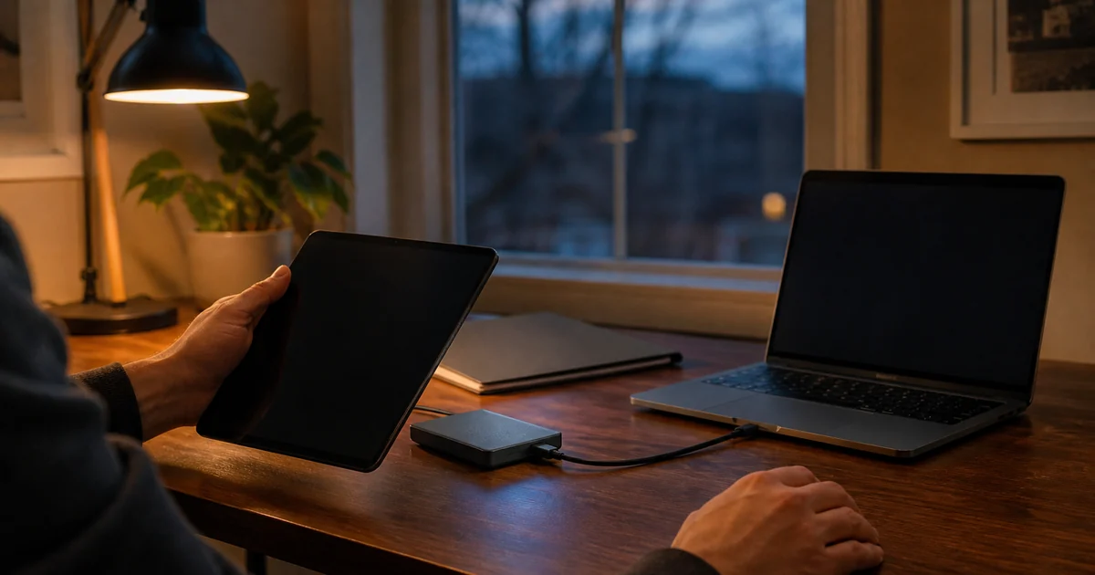 Filekub vs Google Drive signed-out recipient path test using a tablet, laptop, and connected portable drive