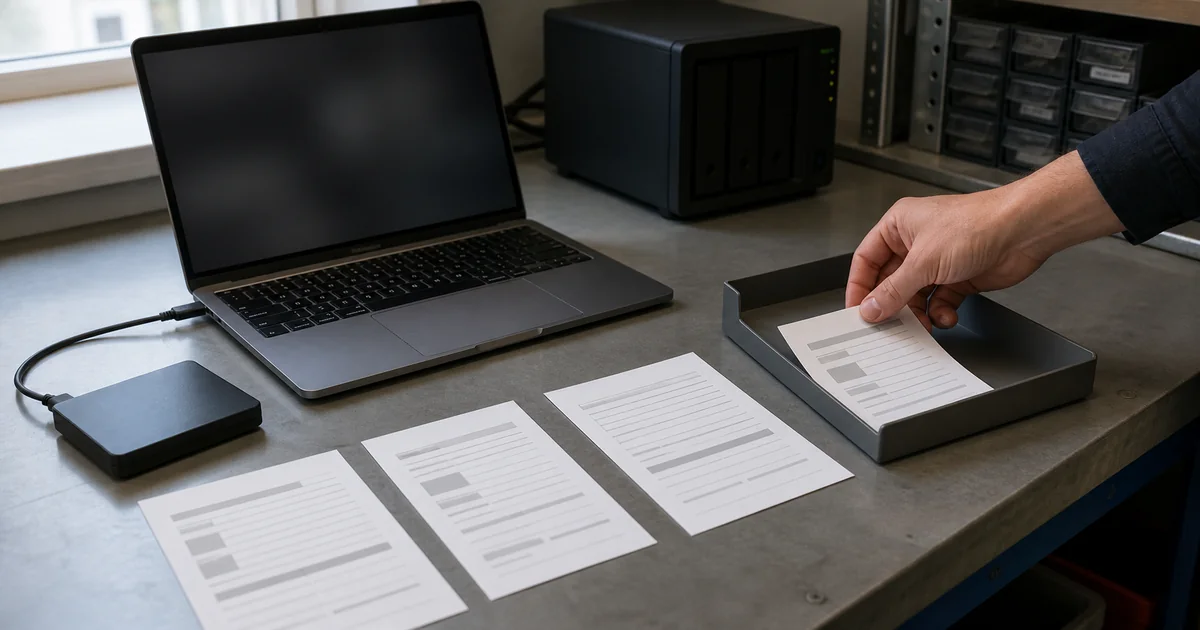 Support technician maintaining verified software downloads beside an external drive, laptop, and network storage unit